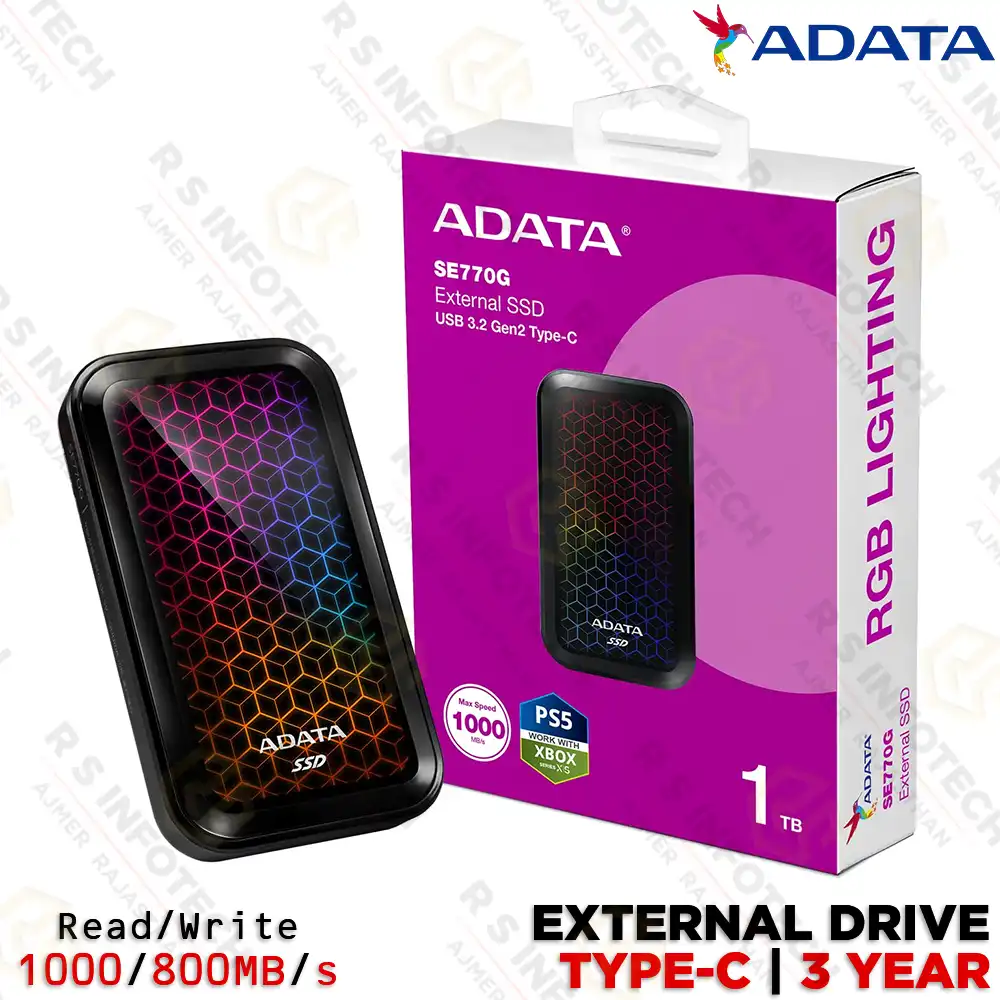 ADATA SE770G 1TB RGB EXTERNAL SSD TYPE-C USB 3.2 SPEED UPTO 1000MB/s (3YEAR)