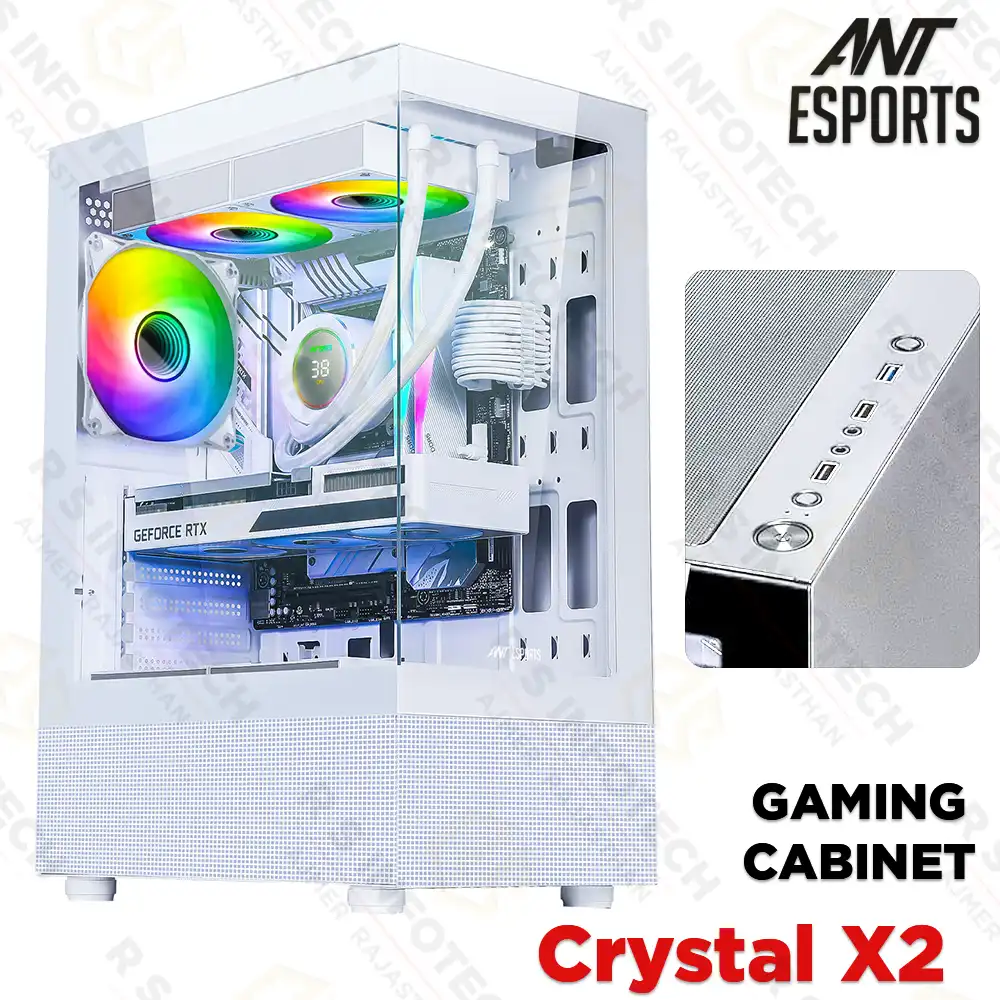 ANT ESPORTS CRYSTAL X2 MID-TOWER | GAMING ATX CABINET | PANORAMIC GLASS DESIGN (WHITE)