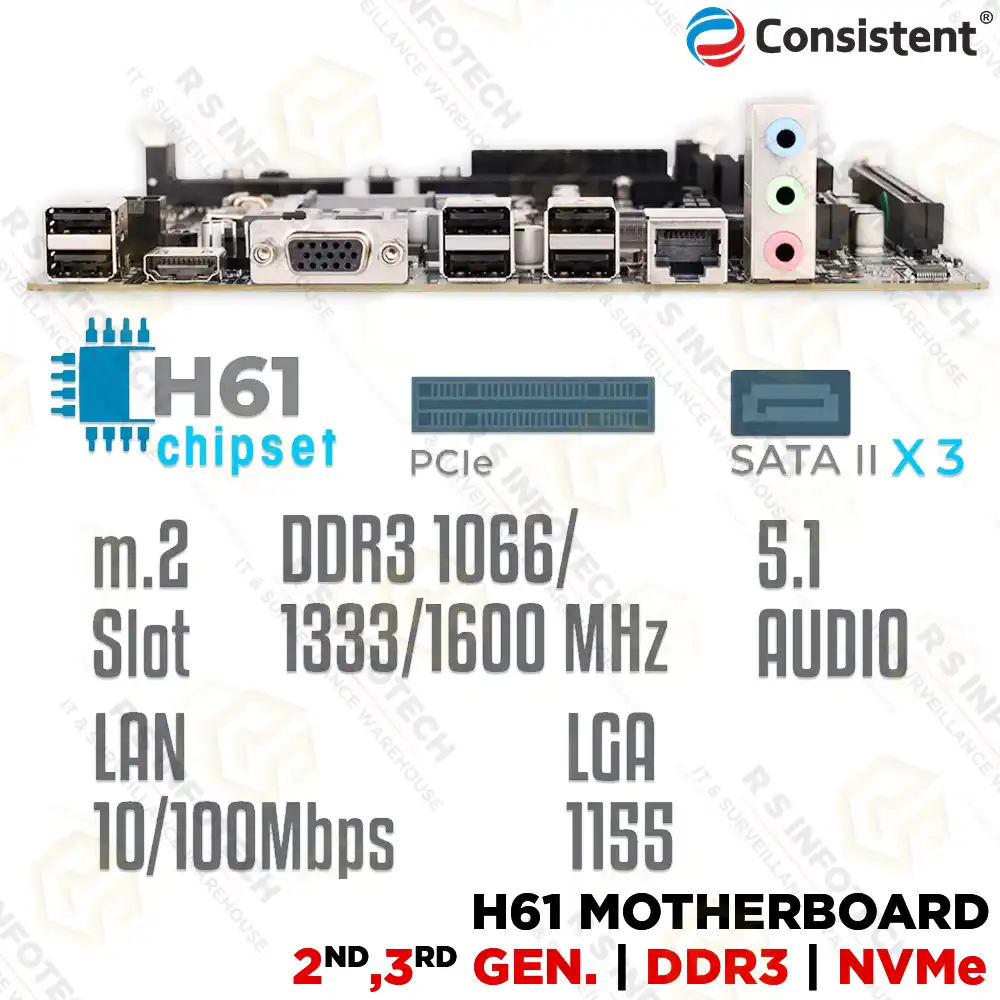 CONSISTENT H61M2 NVME MOTHERBOARD H61 2&3RD GEN DDR3 (3YR)
