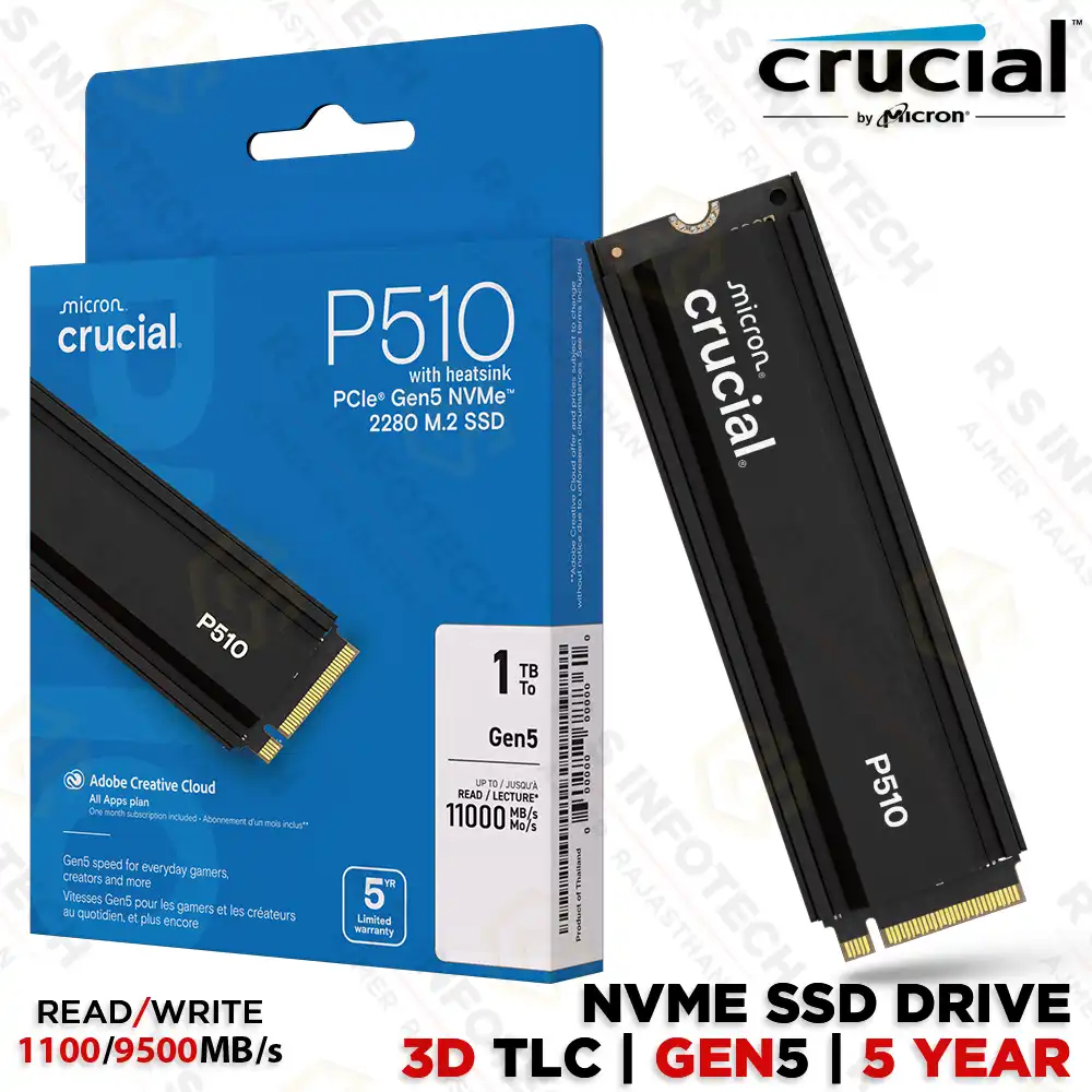 CRUCIAL P510 1TB PCIE GEN5 NVME M.2 SSD | UP TO 11000MBPS READ | 3D TLC | (5 YEAR)