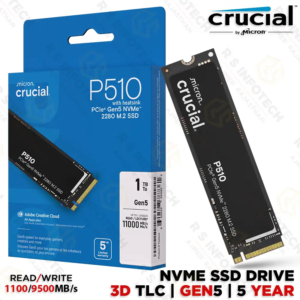 CRUCIAL P510 1TB PCIE GEN5 NVME SSD WITHOUT HEATSINK SPEED UPTO 11000MB/s (5YEAR)