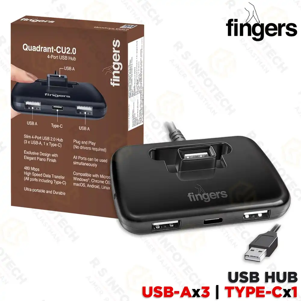 FINGERS 4-PORT USB HUB (3×USB 2.0 + 1×TYPE-C 2.0) (QUADRANT-CU2.0) (1 YEAR)
