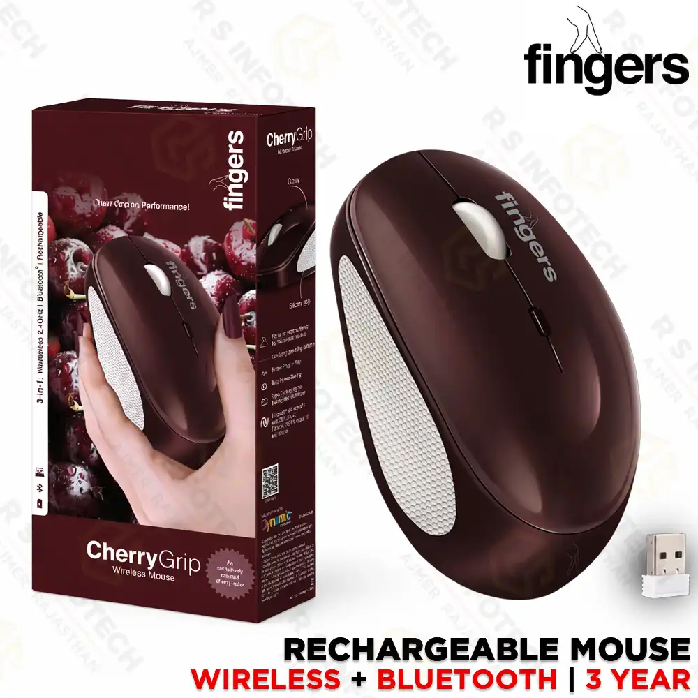 FINGERS CHERRY GRIP 3-IN-1 WIRELESS MOUSE (WIRELESS + BLUETOOTH + RECHARGEABLE) (3 YEAR)