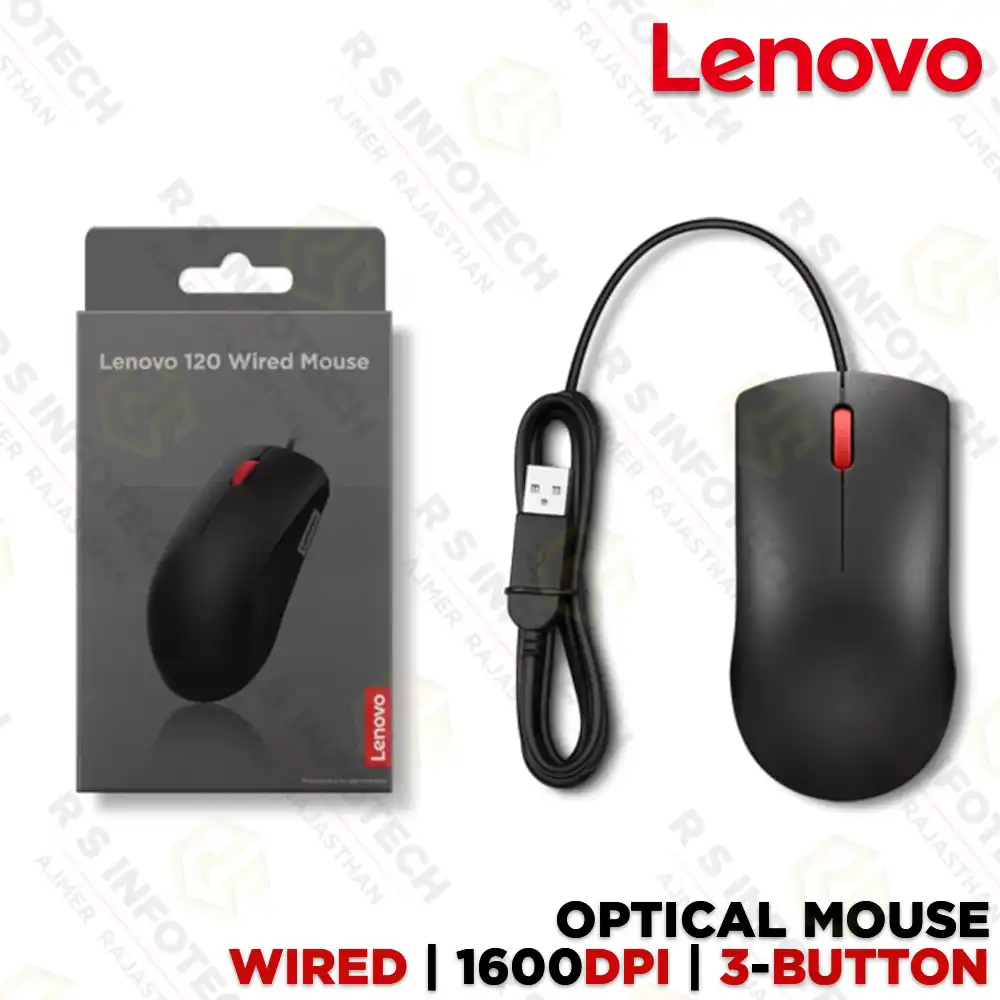 LENOVO 120 WIRED USB MOUSE | 1600 DPI | 3 BUTTONS | AMBIDEXTROUS DESIGN (1 YEAR)