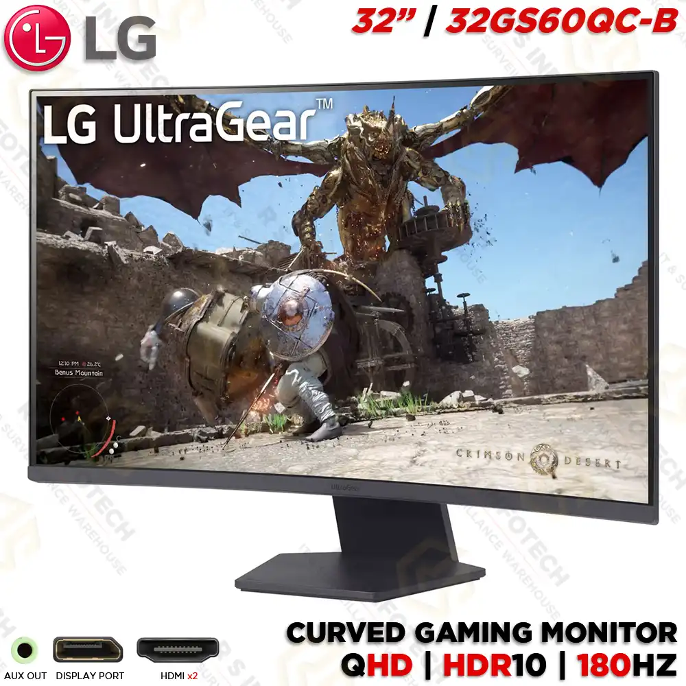 LG 32GS60QC-B 32″ QHD CURVED ULTRAGEAR MONITOR 180 HZ, 1 MS, HDR10, FREESYNC