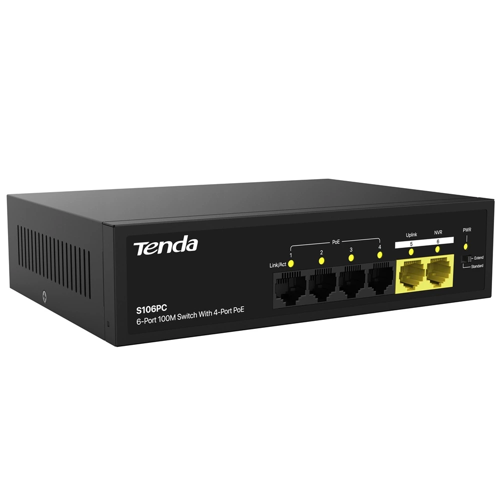 TENDA S106 4+2 PORT 100MBPS POE SWITCH | 55 W BUDGET | GIGABIT UPLINK (3 YEAR)