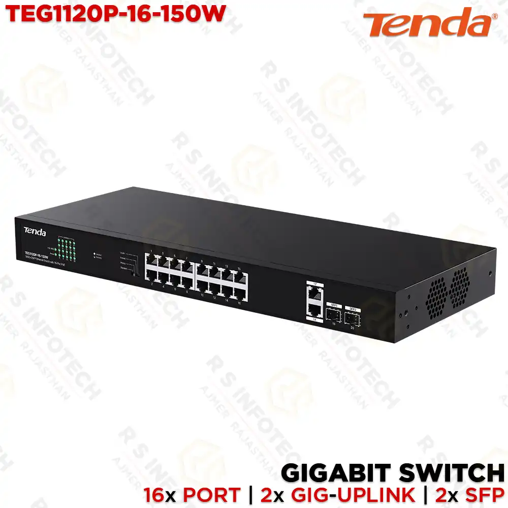 TENDA TEG1120P-16-150W 16-PORT GIGABIT UPLINK POE+ SWITCH FOR DESKTOP & CCTV CAMERA