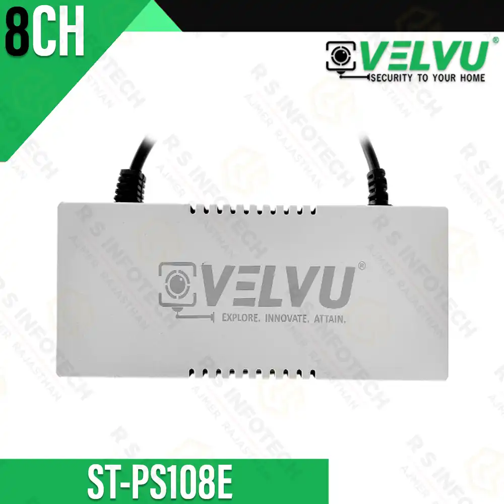 VELVU 8CH SMPS WITH WIRE ST-PS108E | 12V STABLE OUTPUT, 96W, 8-CH, METAL BODY, SURGE PROT. (2 YEAR)