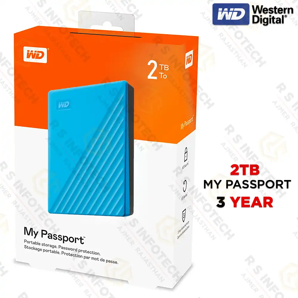 WD 2TB MY PASSPORT EXTERNAL HARD DRIVE | BLUE | PORTABLE HDD | USB 3.2 (3 YEAR)